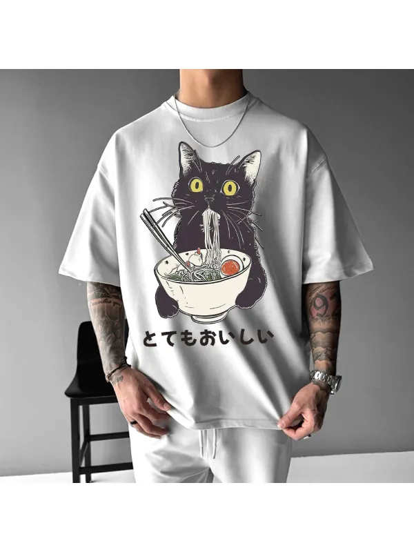 Cat Eating Ramen Print Oversized Unisex Casual T-Shirt - Aptkoi.com 