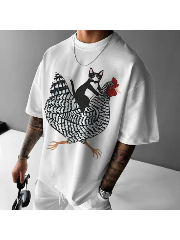 Cat Riding Chicken Funny Print Oversized Unisex Casual T-shirt - Aptkoi.com 