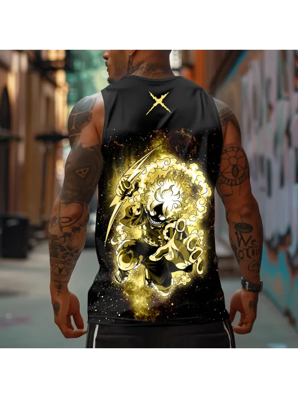 Men's Sports Fitness Anime Logo Pirate Straw Hat Printed Casual Vest - Aptkoi.com 