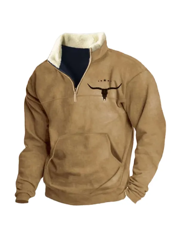 Men's Retro Western Cowboy Printed Zipper Lapel Sweatshirt - Aptkoi.com 
