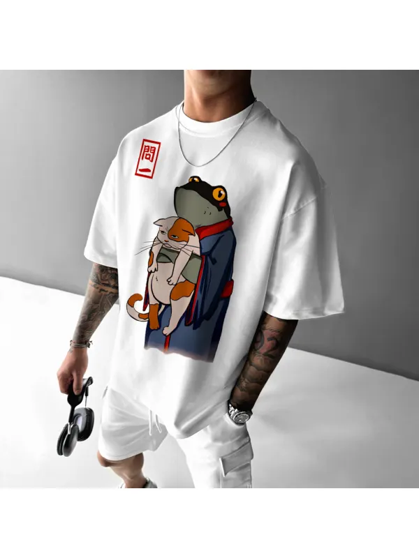Oversized Unisex Frog Cat Print Casual T-Shirt - Aptkoi.com 