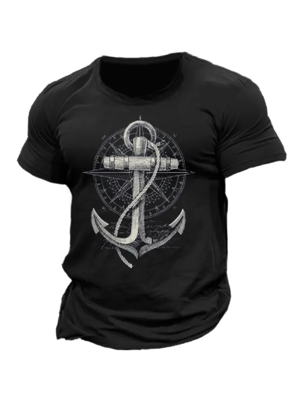 Men's Anchor Compass Graphic Marine Cotton Print T-Shirt - Aptkoi.com 