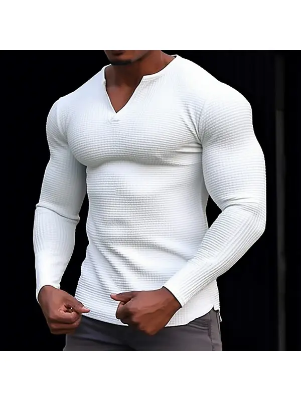 Men's Casual Waffle V-Neck Breathable Long Sleeve T-Shirt - Aptkoi.com 