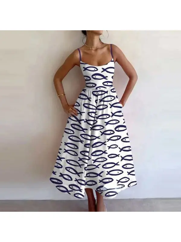 A New 2025 Summer Women's Dress With Sardine Print, Solid Color, Sexy, U-Neck, Cinched Waist, Pleated, Halter Top And La - Aptkoi.com 