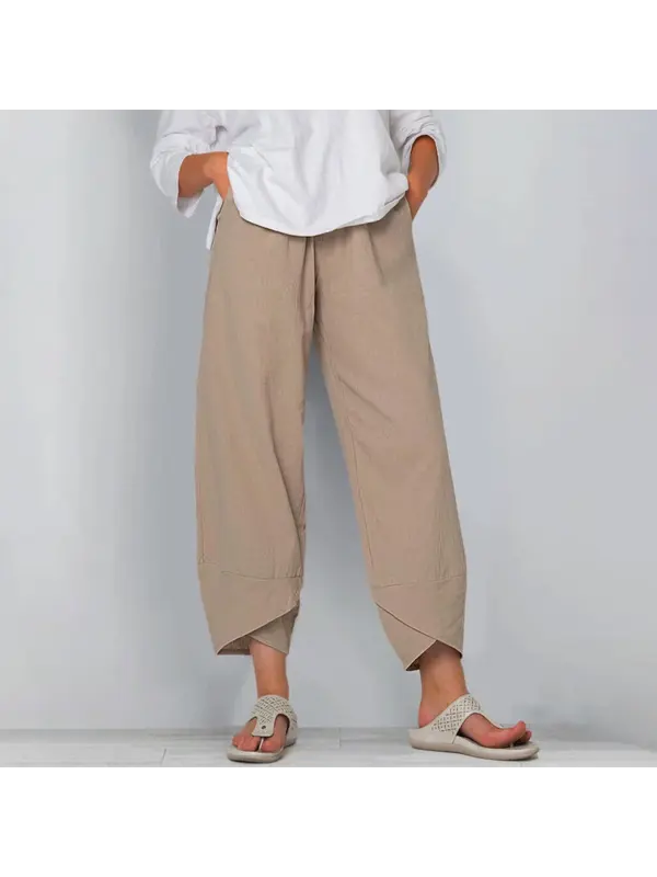 Women's Vintage Stylish Wide-Leg Trousers With Asymmetric Hem And Embroidered Details - Aptkoi.com 
