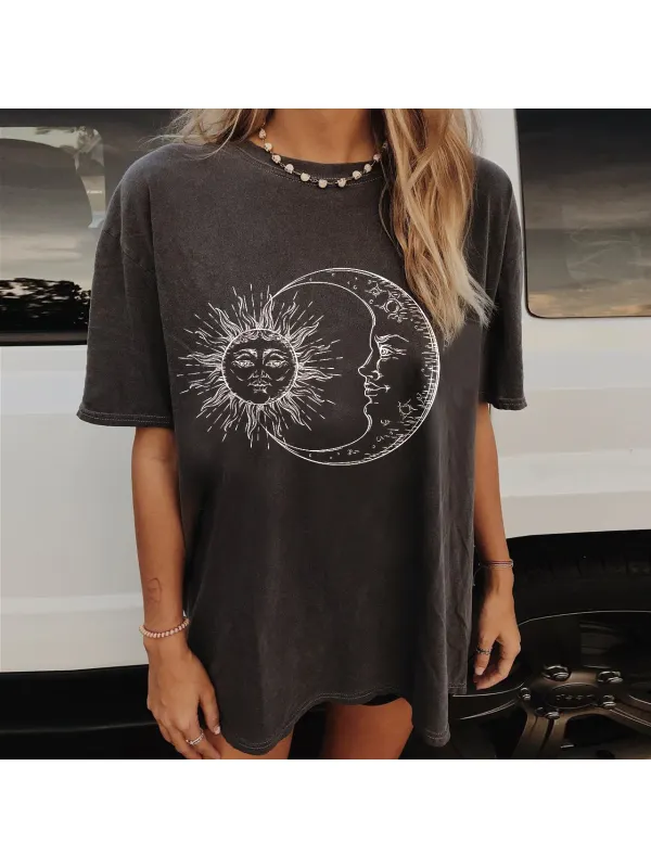 Fashion Casual Sun Moon Print Short Sleeve Long T-shirt - Aptkoi.com 