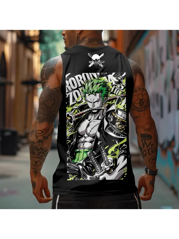 Men's Sports Fitness Anime Logo Pirate Straw Hat Printed Casual Vest - Aptkoi.com 