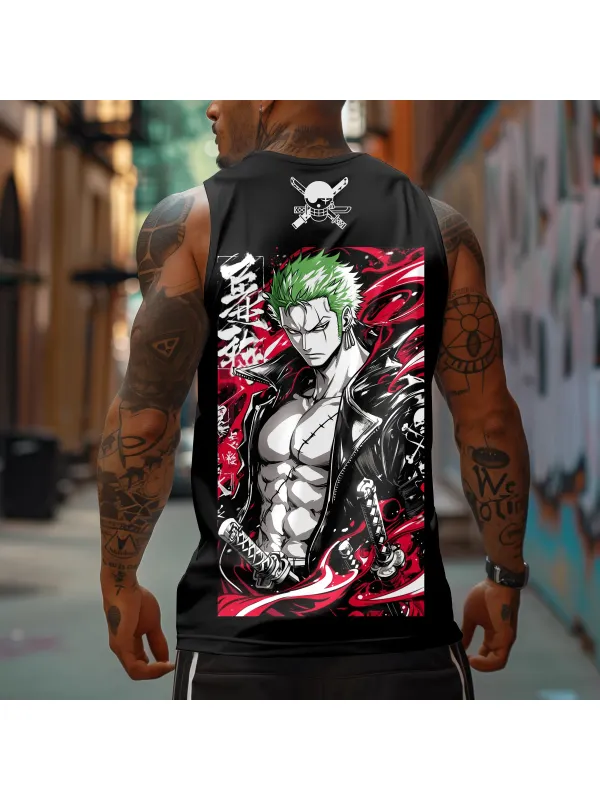 Men's Sports Fitness Anime Logo Pirate Straw Hat Printed Casual Vest - Aptkoi.com 