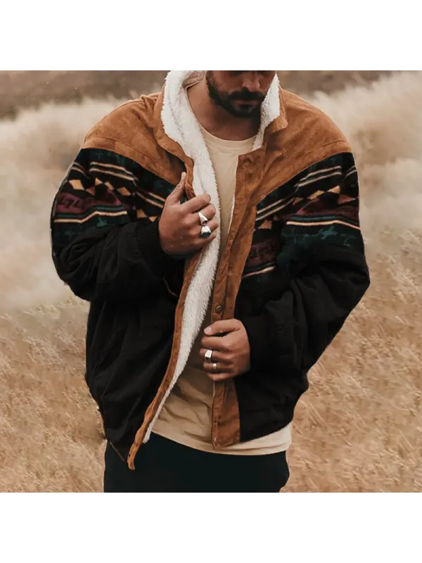 Men's Fashion Geometric Print Fleece Jacket - Aptkoi.com 