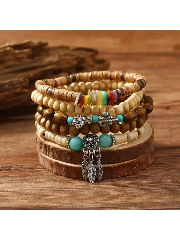 Mens Vintage Retro Shell Dream Catcher Wooden Bead Bracelet - Aptkoi.com 