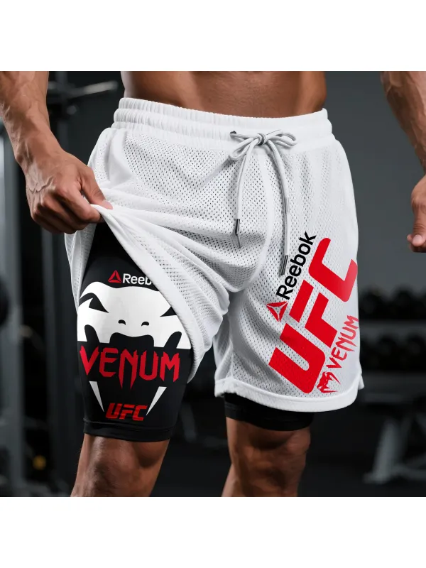 Fitness Double Mesh Shorts Ultimate Fighting Print Elastic Waist Double-Layer Shorts - Aptkoi.com 