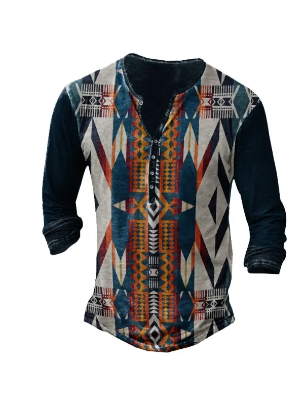 Men's Vintage Ethnic Graphic Print Henley Cotton T-Shirt - Aptkoi.com 