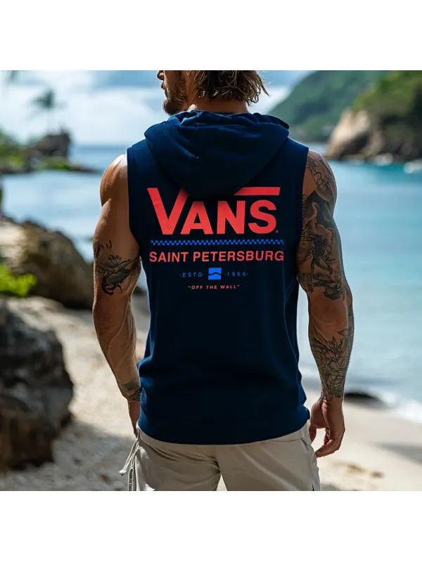 Men's Vintage Surf-Inspired Graphic Hooded Tank Top - Aptkoi.com 