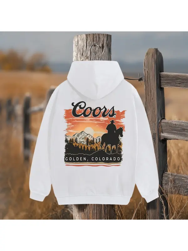 Scenic Mountain And Cowboy Design Print Hoodie - Aptkoi.com 