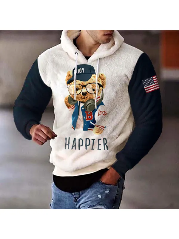 American Flag Bear Lamb Wool Warm Hoodie - Aptkoi.com 