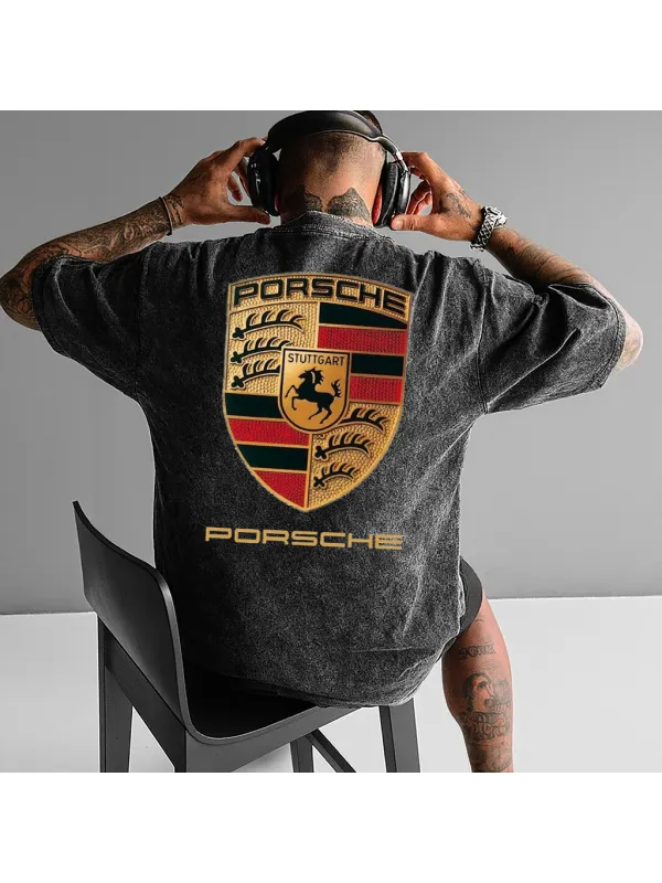 Men's Retro Washed Loose Casual Racing Print T-shirt - Aptkoi.com 