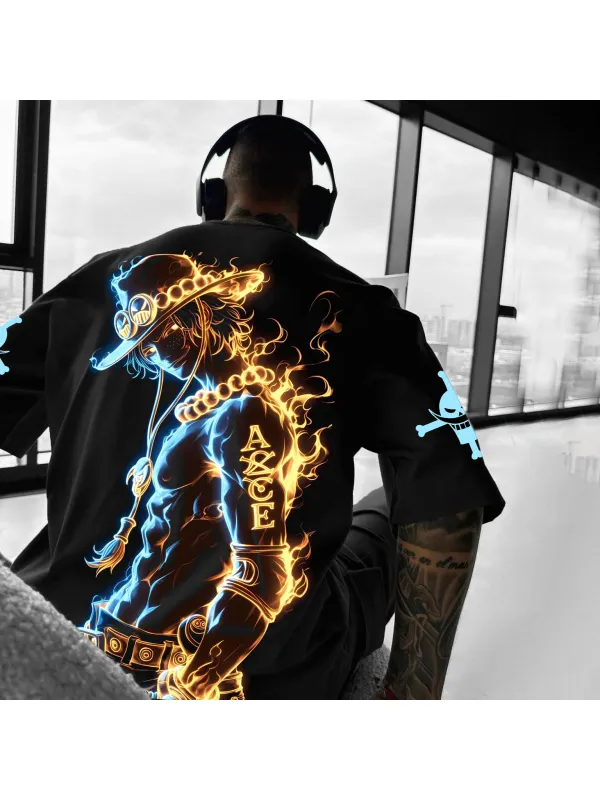 Unisex Anime Logo Pirate Straw Hat Print Casual Oversized T-Shirt - Aptkoi.com 