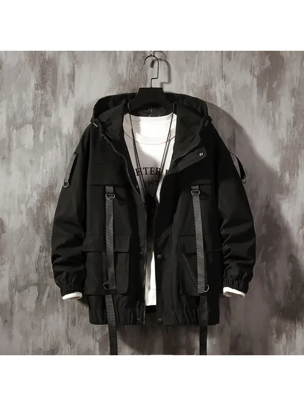 Functional Wind Ribbon Multi-pocket Hooded Jacket - Aptkoi.com 