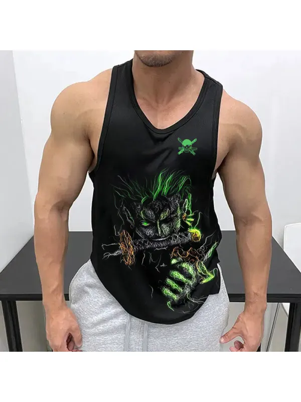 Men's Sports Fitness Anime Logo Pirate Straw Hat Printed Casual Vest - Aptkoi.com 
