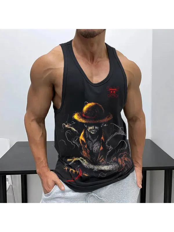 Men's Sports Fitness Anime Logo Pirate Straw Hat Printed Casual Vest - Aptkoi.com 