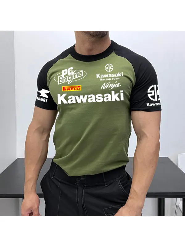 Men's Racing Logo Print Contrast Color Short Sleeve T-Shirt - Aptkoi.com 