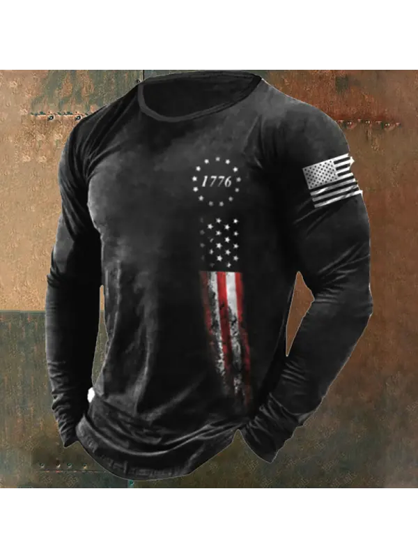 Men's 1776 Independence Day American Flag Print Long Sleeve Cotton T-Shirt - Aptkoi.com 