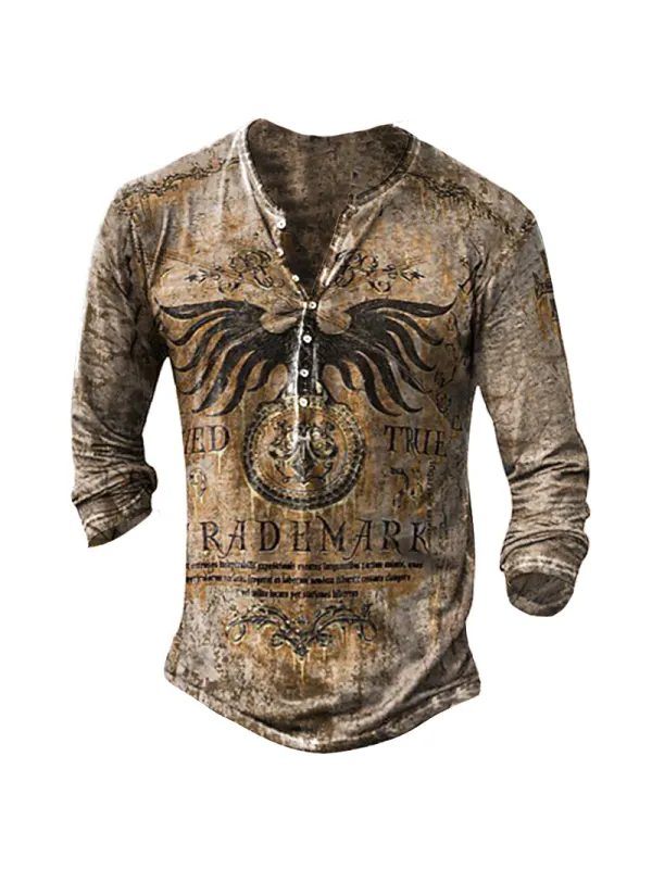 Mens Outdoor Fashion Retro Printed Long-sleeved T-shirt - Aptkoi.com 