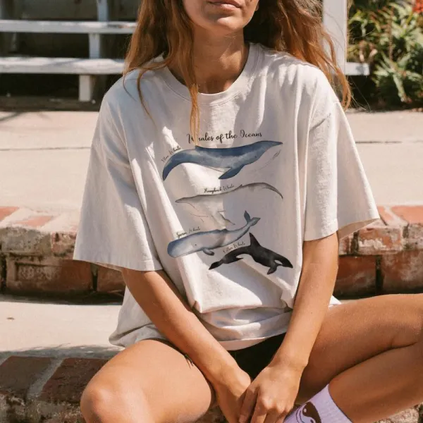 Summer Retro Surf Marine Life Printed Casual Tee - Yiyistories.com 