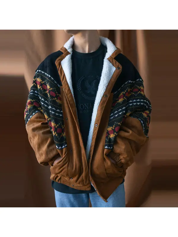 Mens Vintage Suede Patchwork Polar Fleece Jacket - Localziv.com 