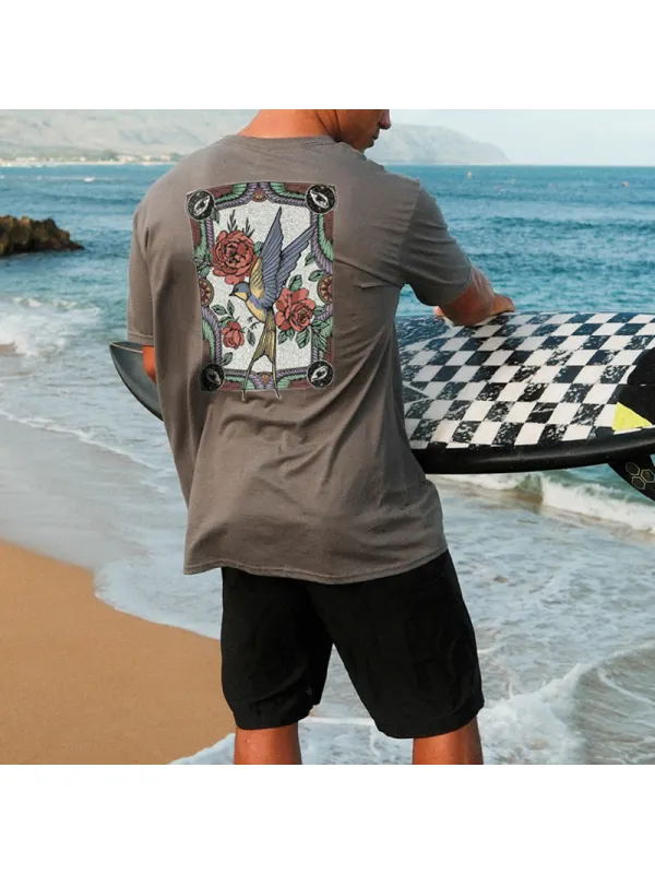 Men's Flower-and-bird Printed Loose T-shirt - Ootdmw.com 