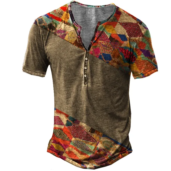 Men's Aztec Print Henley Short Sleeve T-Shirt - Cotosen.com 