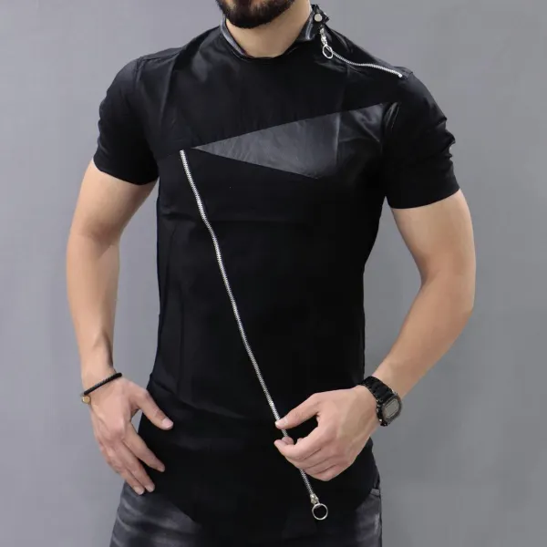 Men's Leather Panel Zip Short Sleeve T-Shirt - Keymimi.com 