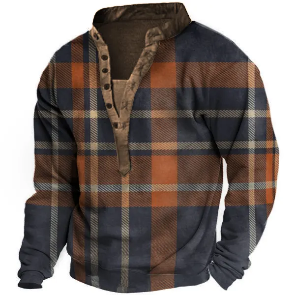 Men's Outdoor Vintage Plaid Henley Collar Sweatshirt - Wayrates.com 