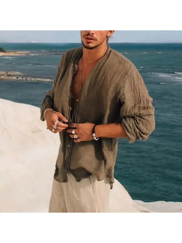 Men's Linen Simple Design Long Sleeve Shirt - Aptkoi.com 