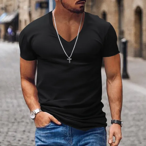 Men's Casual V-neck Solid Color Short-sleeved T-shirt - Dozenlive.com 