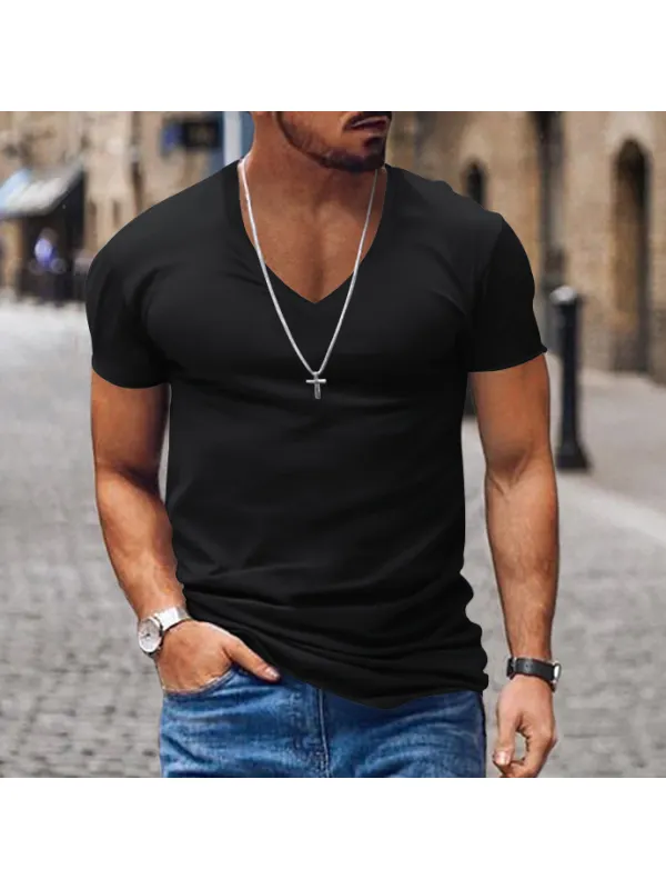 Men's Casual V-neck Solid Color Short-sleeved T-shirt - Ootdmw.com 