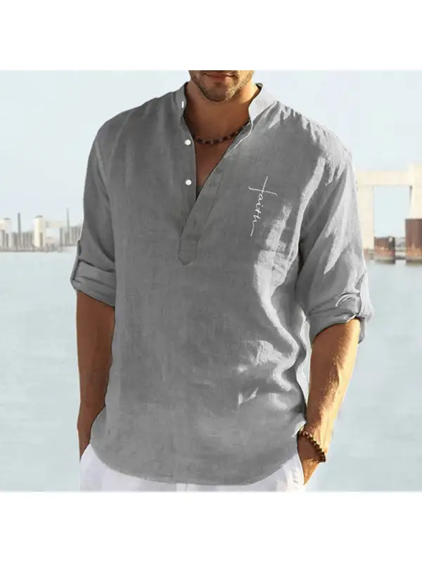 Men's Casual Cotton Linen Solid Color Long-sleeved Loose Collar Blouse - Minicousa.com 