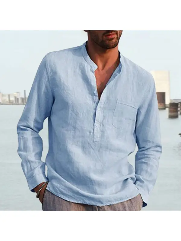 Men's Long Sleeve V Neck Casual Beach Linen Shirt - Aptkoi.com 