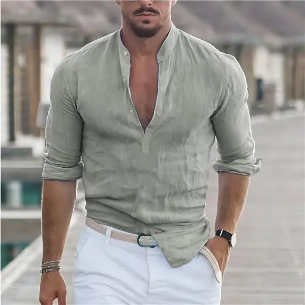 Men's Linen Shirt Henley Casual Outdoor Shirt Long Sleeve Plain Collar Casual Hawaiian Clothing - Wayrates.com 