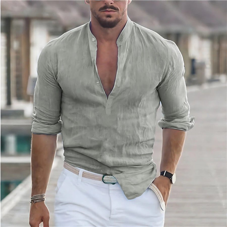 

Men's Linen Shirt Henley Casual Outdoor Shirt Long Sleeve Plain Collar Casual Hawaiian Clothing