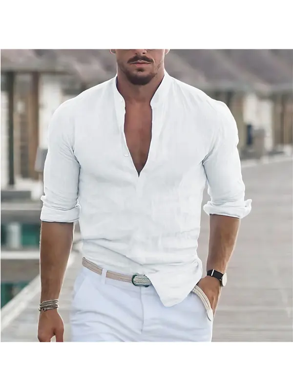 Men's Linen Shirt Henley Casual Outdoor Shirt Long Sleeve Plain Collar Casual Hawaiian Clothing - Aptkoi.com 
