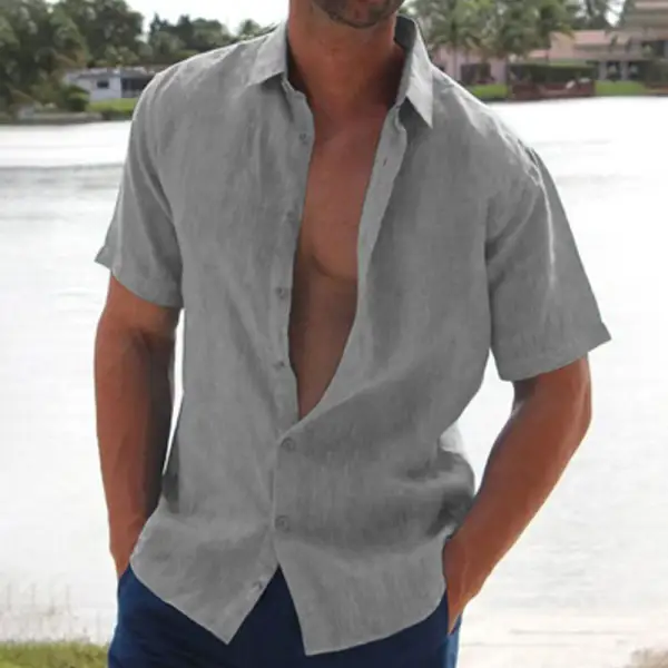 Summer Lapel Solid Color Short Sleeve Men's Linen Blouse - Wayrates.chimpone.com 
