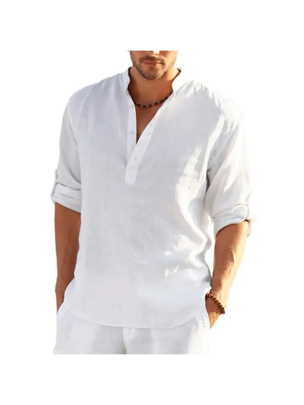 Men's Solid Color Casual Long Sleeve Cotton Linen Shirt - Minicousa.com 