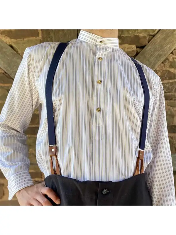 Men's Collarless Shirt Vintage Stripe Long Sleeve Daily Tops White - Shopyiyistories.com 