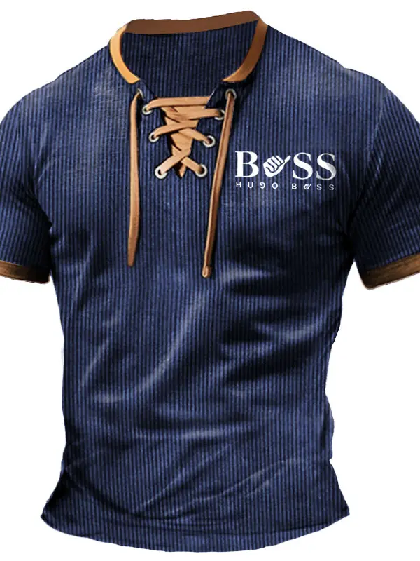 Men's Boss T-Shirt Ribbed Corduroy Vintage Lace-Up Short Sleeve Color Block Summer Daily Tops - Menbarn.com 