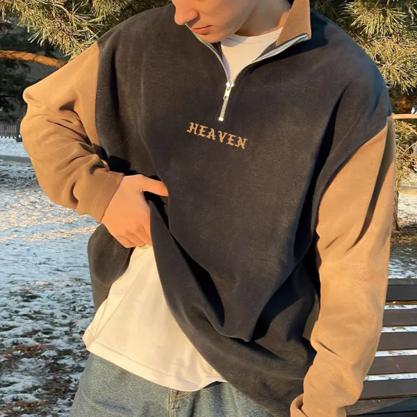 Retro Heaven Neutral Contrast Polo Zip Stand Collar Sweatshirt - Mushope.com 