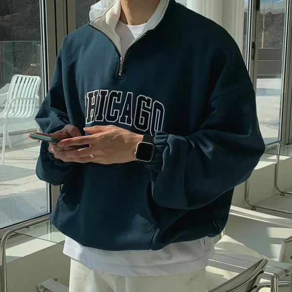 Vintage Chicago Unisex Polo Zip Stand Collar Sweatshirt - Mushope.com 