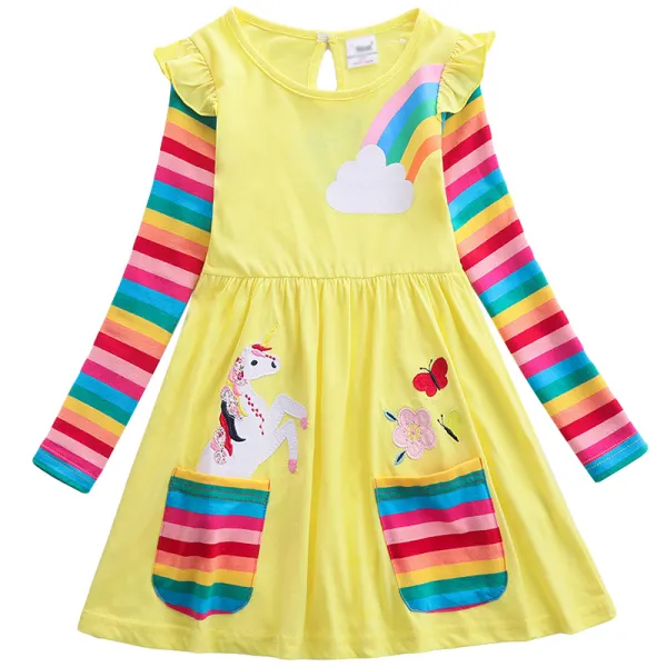 【3Y-8Y】Girl Sweet Rainbow Unicorn Pattern Long Sleeve Dress - Popopieshop.com 