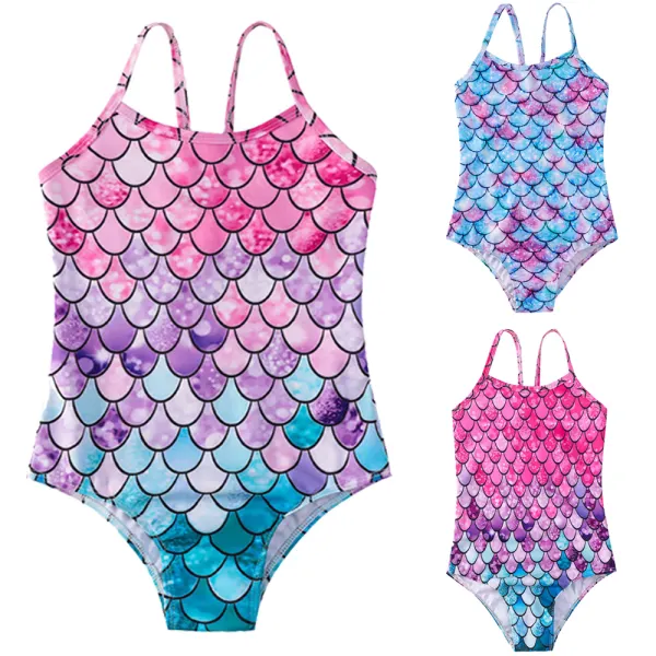 【2Y-9Y】Girls Mermaid Print One Piece Swimsuit - Popopieshop.com 