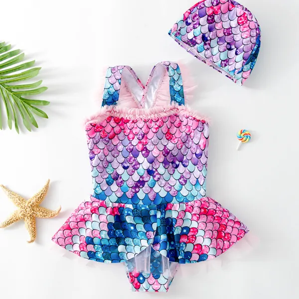 【2Y-9Y】2-piece Girls Mermaid Print One Piece Swimsuit With Hat - Popopieshop.com 